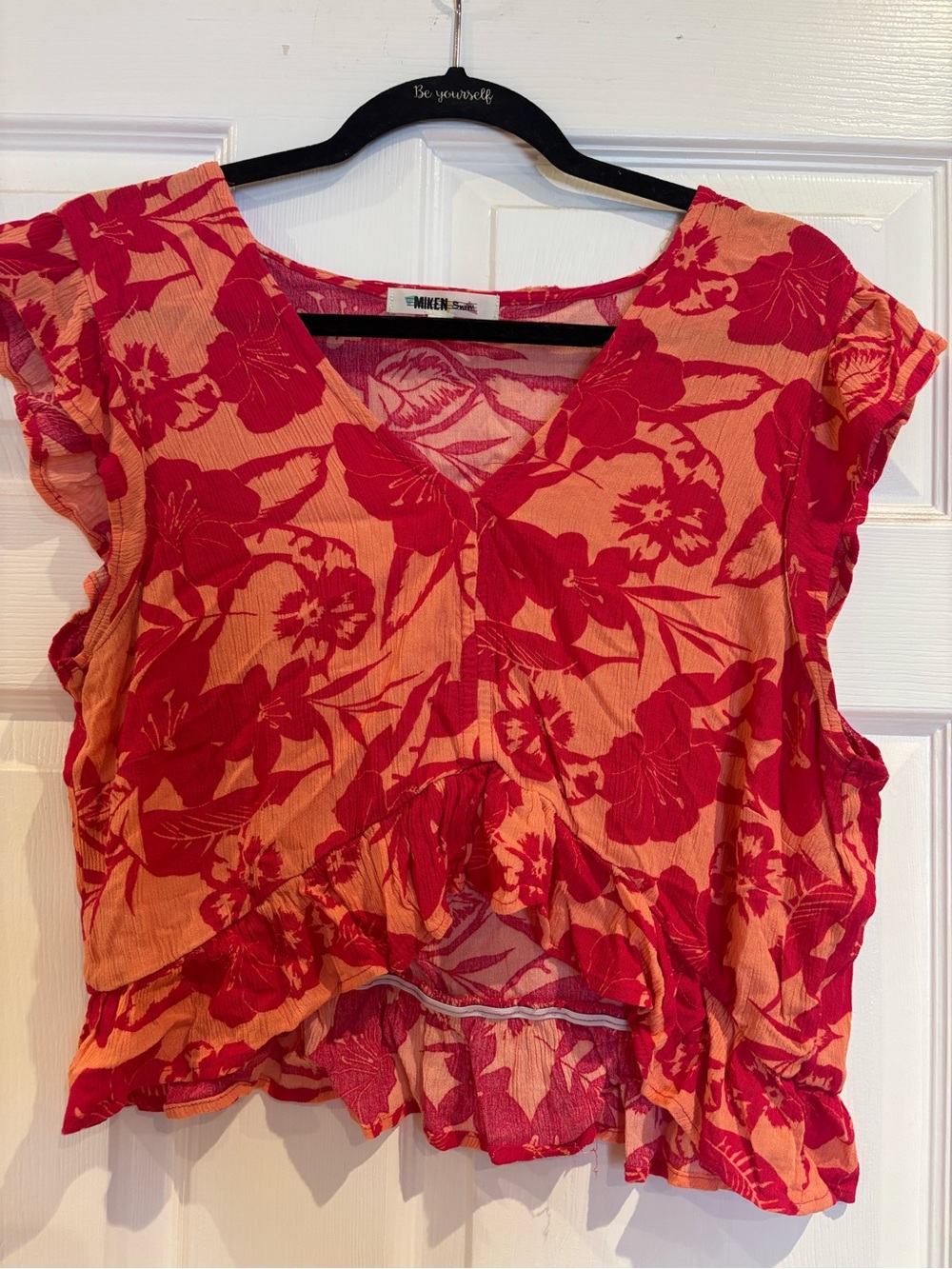 Miken Floral Ruffle V-Neck Crop Top - Pink & Orange